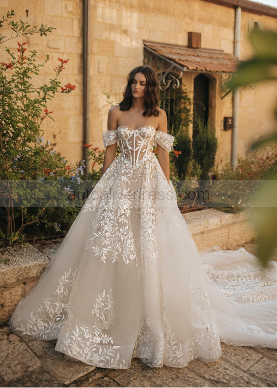 Off Shoulder Ivory Lace Tulle Chic Wedding Dress